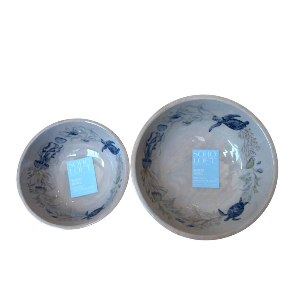 2pc Soho Loft Wood Serving Bowls Coastal Sea Turtles Blue & Gray 8in 10in NEW